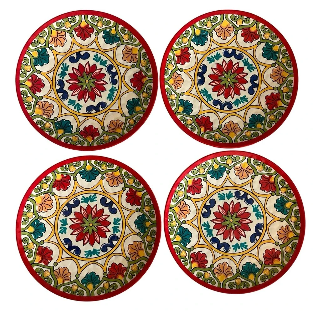 4 Damask Colorful Melamine Plates Boho Mediterranean Bright Floral Pattern 10.5